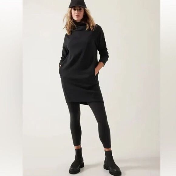 ATHLETA Women’s Cozy Karma Mock Neck Dress in Black Size Small Fleece Sweatshirt - Picture 1 of 12